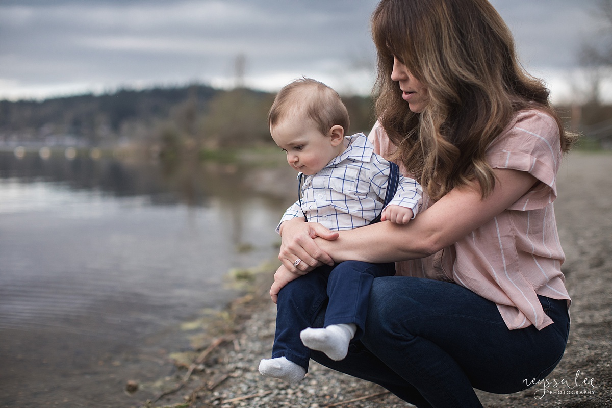 Neyssa Lee Photography, Issaquah Family Photographer, Family Photos with Grey Skies, Lake Sammamish State Park, Photo of mom and baby boy by water