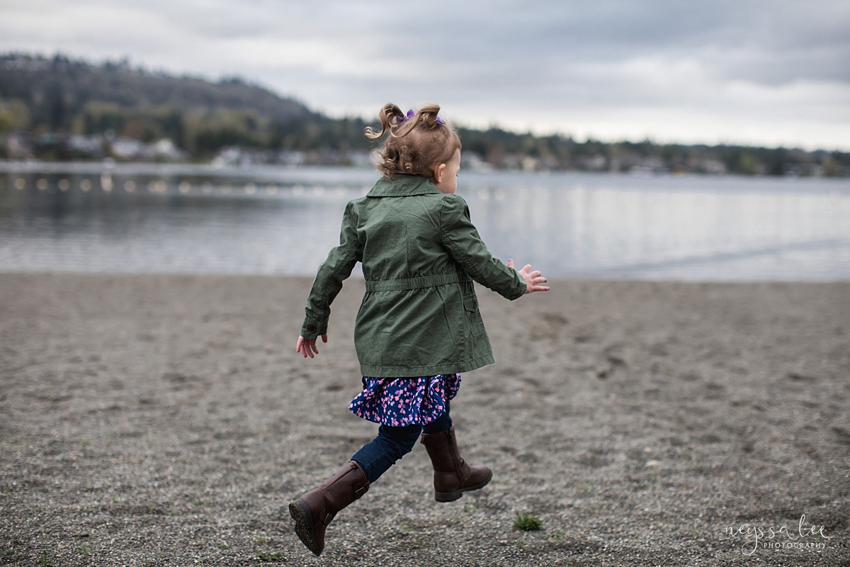 Neyssa Lee Photography, Issaquah Family Photographer, Family Photos with Grey Skies, Lake Sammamish State Park, Photo of preschool aged girl running