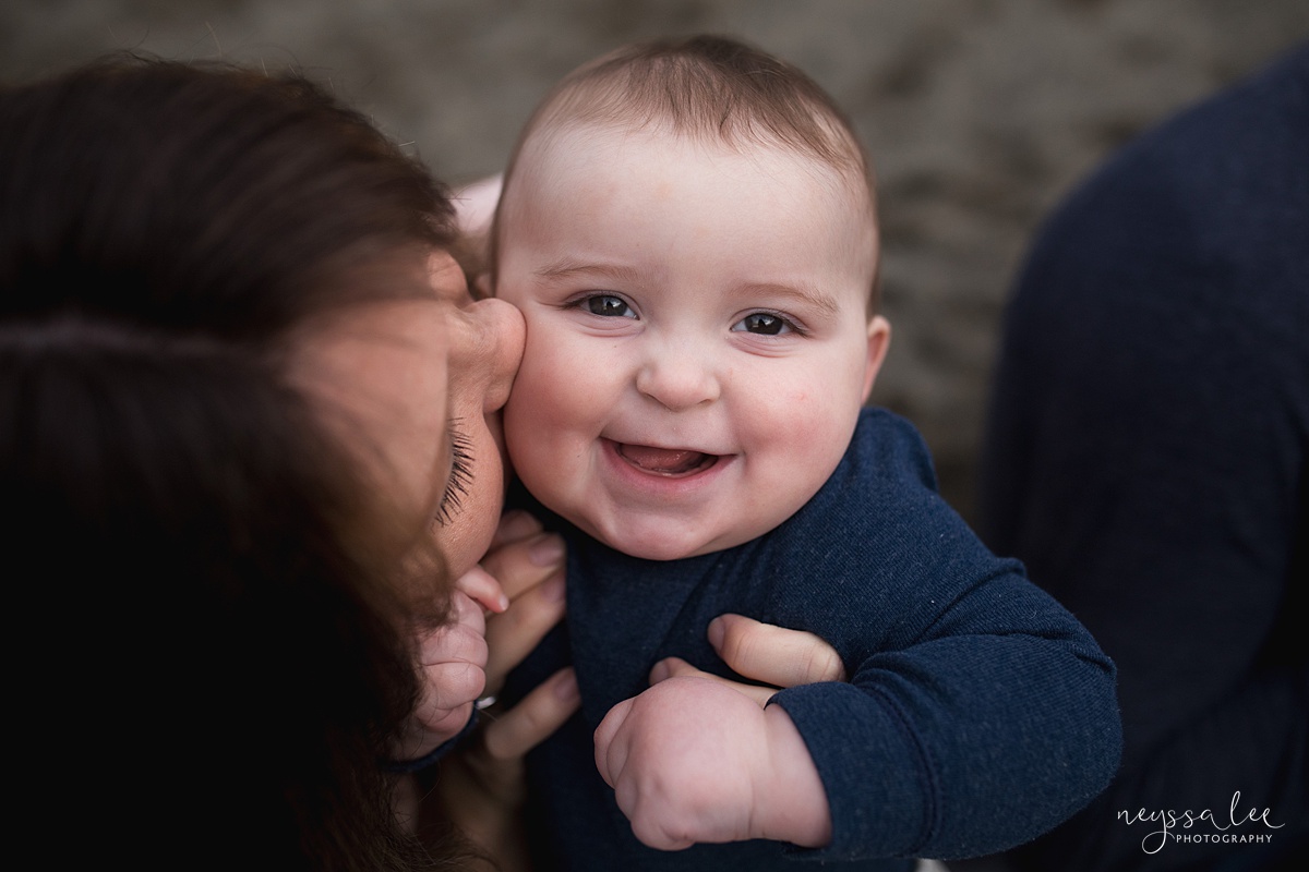 Neyssa Lee Photography, Issaquah Family Photographer, Family Photos with Grey Skies, Lake Sammamish State Park, Photo of mom kissing baby boys cheeks