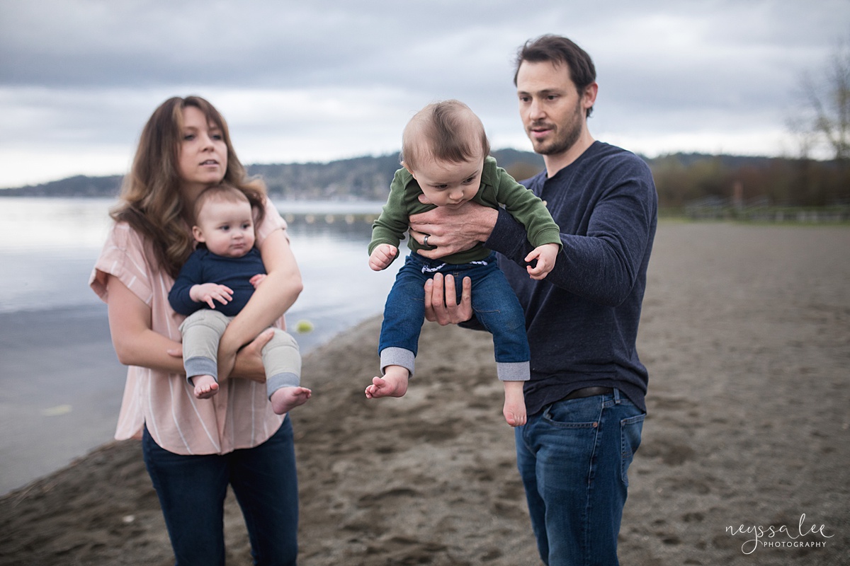 Neyssa Lee Photography, Issaquah Family Photographer, Family Photos with Grey Skies, Lake Sammamish State Park, Lifestyle photo of family playing by the lake