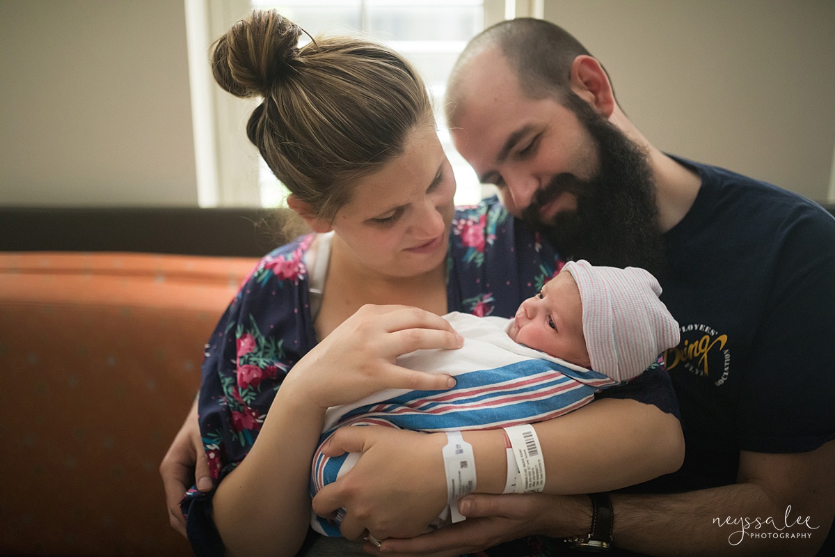 Neyssa Lee Photography, Issaquah Fresh 48 Photographer, Issaquah Newborn Photographer, Photo of mom and dad loving on newborn baby in hospital