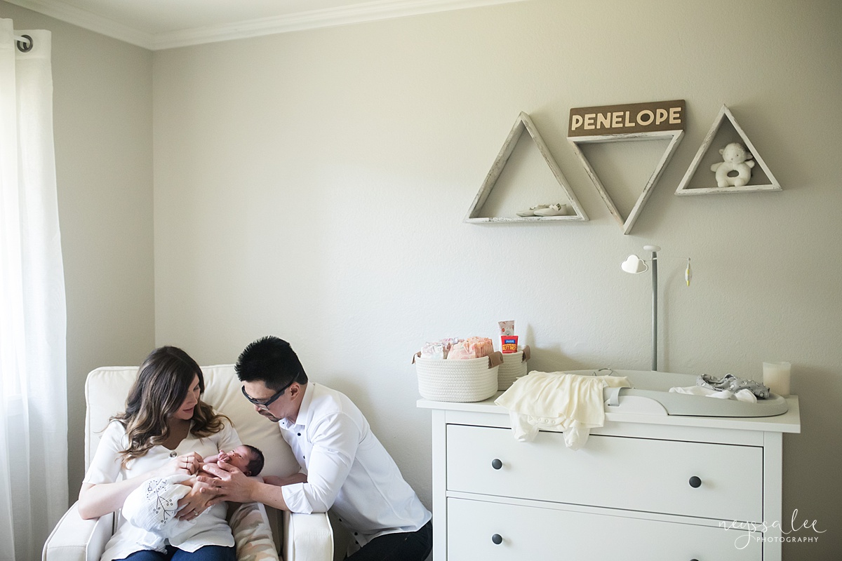 Neyssa Lee Photography, Seattle Newborn Photographer, Bellevue Lifestyle Newborn Photographer, Photo of family of three in nursery