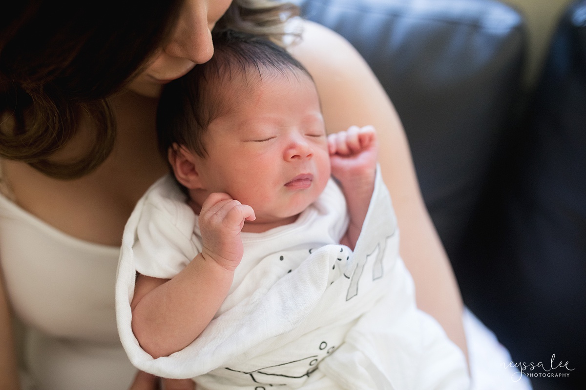 Neyssa Lee Photography, Seattle Newborn Photographer, Bellevue Lifestyle Newborn Photographer,  Photo of newborn baby against mom's chest