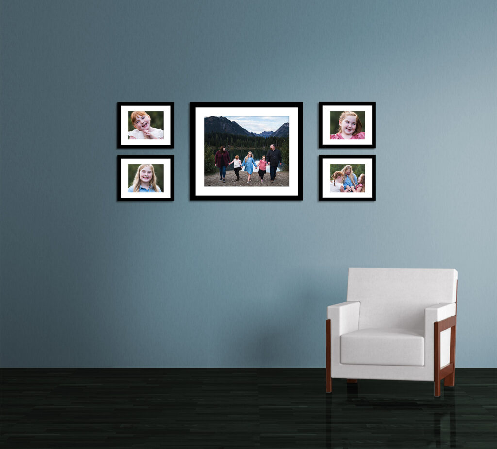 Photo wall display example for family photos in Seattle