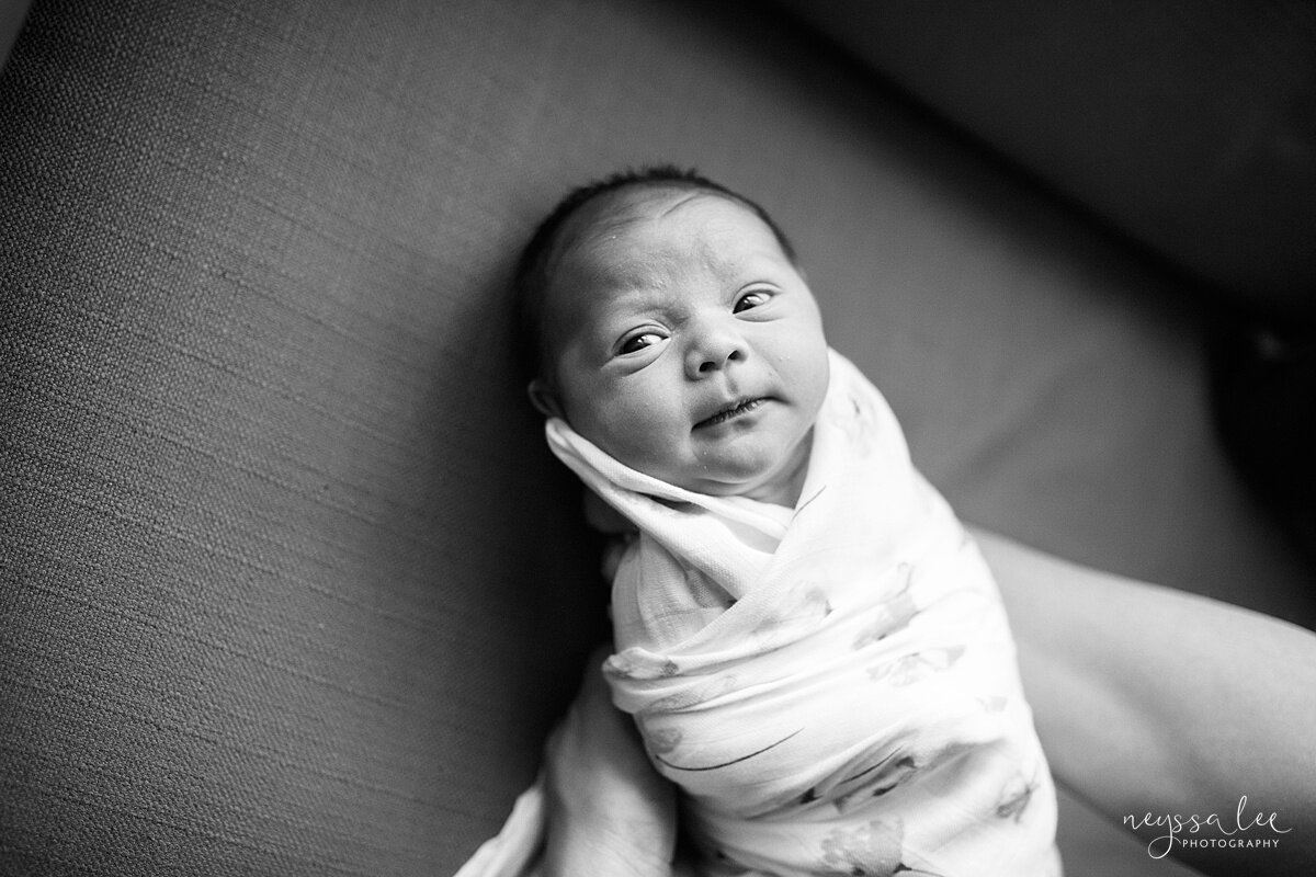 Newborn photo session with a toddler, Issaquah Newborn Photographer, Neyssa Lee Photography, Snoqualmie newborn photography, Black and white photo of swaddled baby