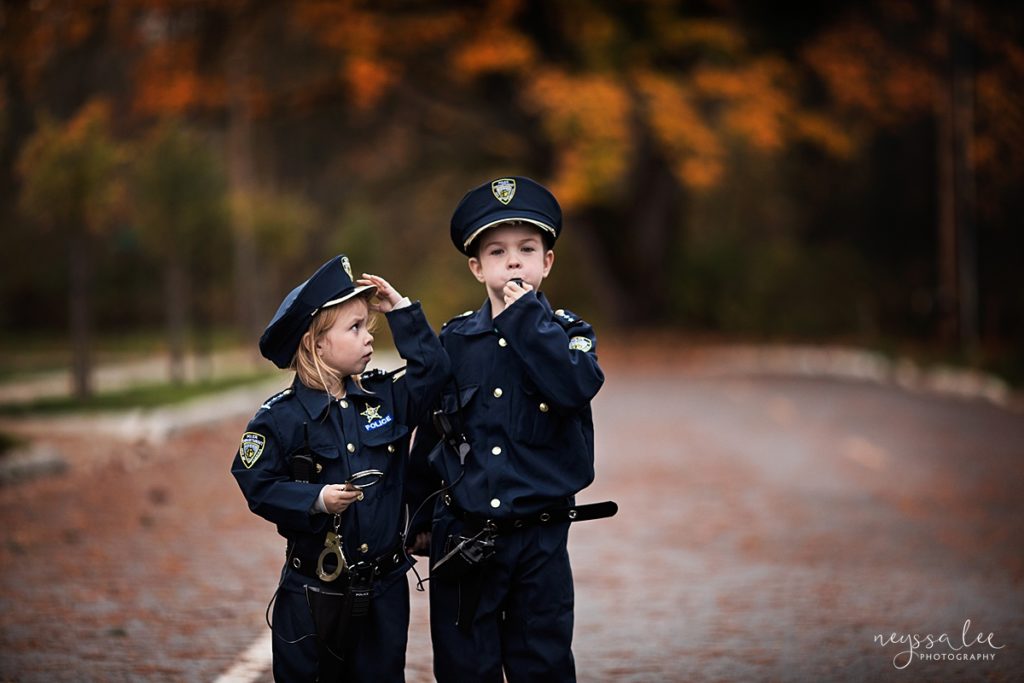 Halloween photo tips, kids in police costumes