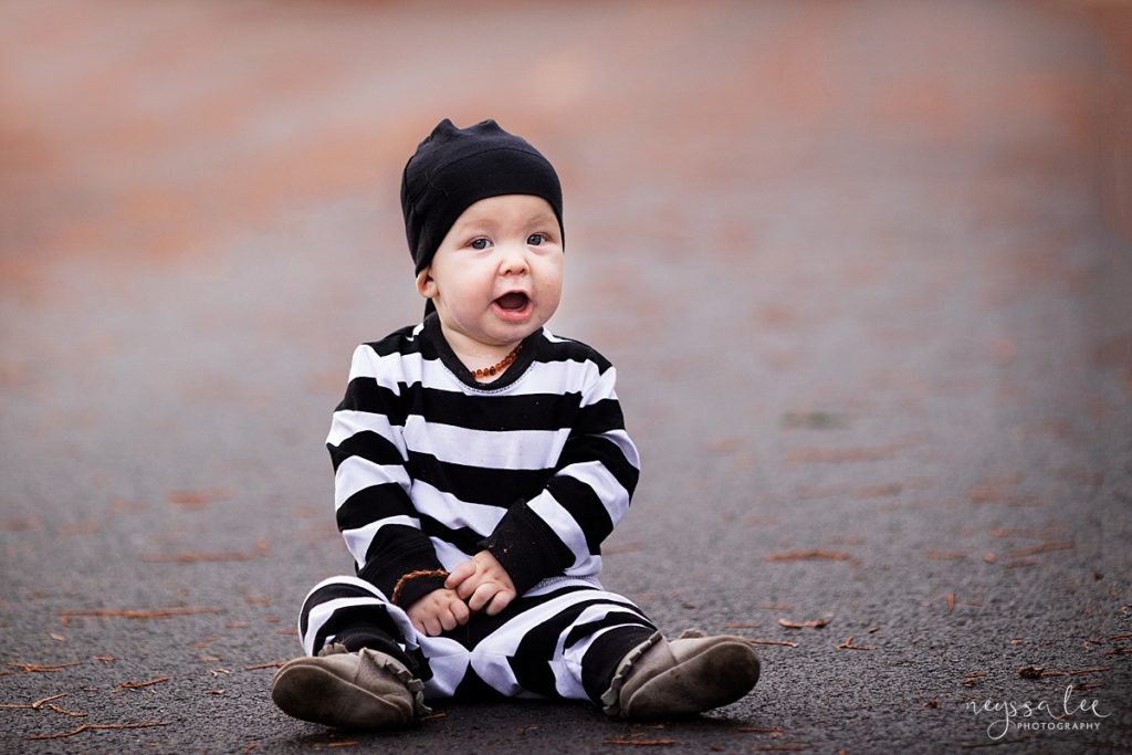 Baby in robber costume for Halloween