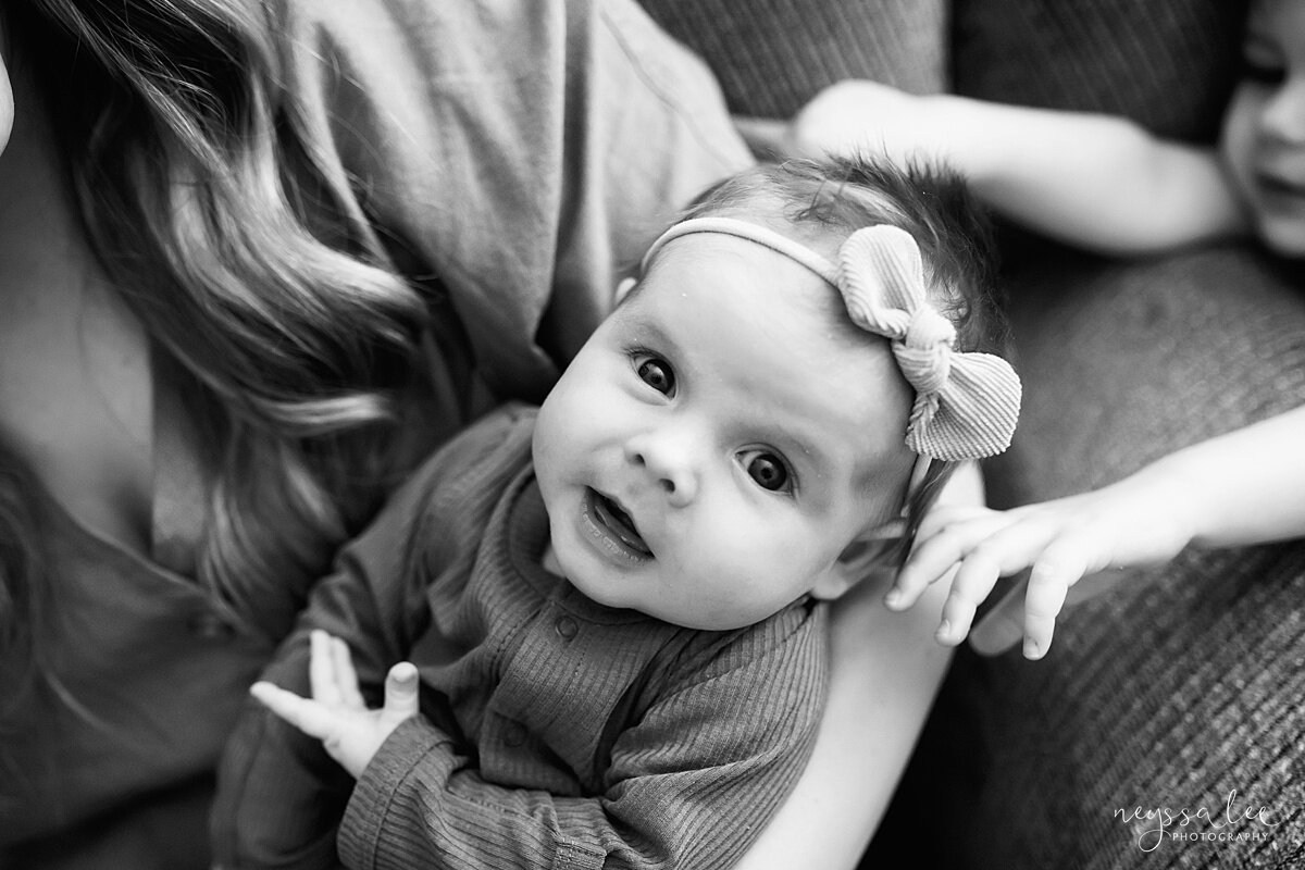 Issaquah Newborn Photographer, Neyssa Lee Photographer, Black and white photo of smiling baby girl