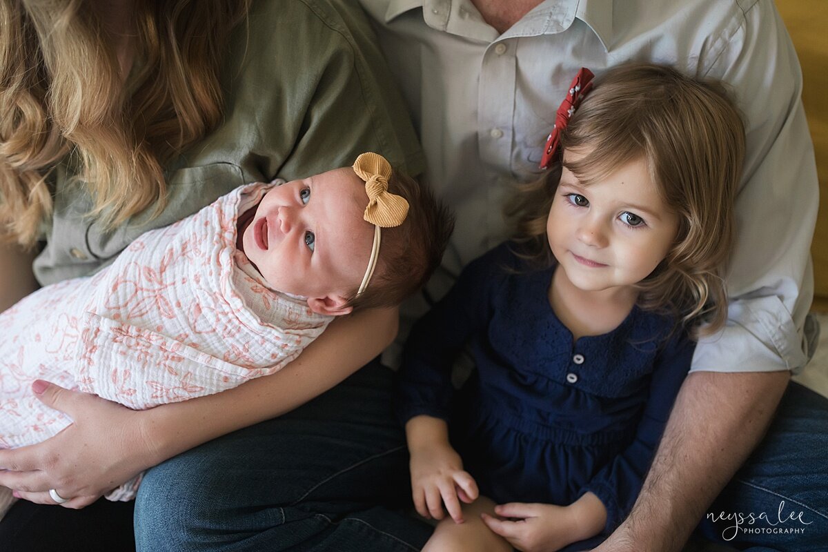 Issaquah Newborn Photographer, Neyssa Lee Photographer, Lifestyle newborn photo showing toddler girl and newborn baby