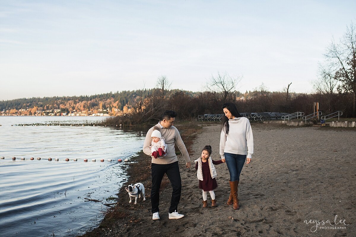 3 Tips for Keeping Baby Warm for Family Photos, Neyssa Lee Photography, Seattle Fall Family Photos, Family walking together by Lake Sammamish