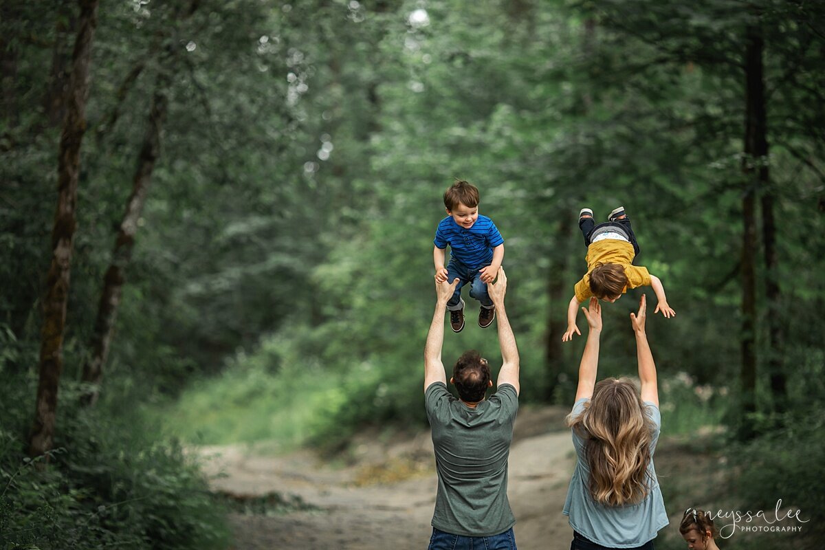 Tips for Beautiful Photos with Young Children, Neyssa Lee Photography, Issaquah Family Photographer, Photo of parents tossing twin boys into the air