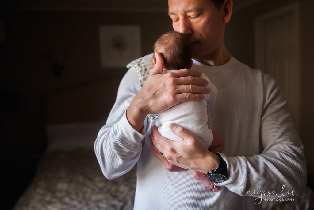 best age for newborn photos, Seattle newborn photographer, father and newborn baby