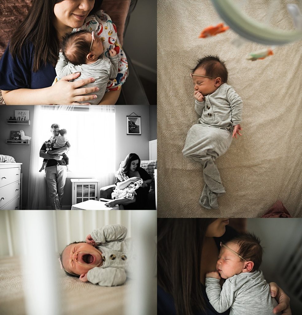 collage of newborn baby girl photos with family, Seattle area newborn photography
