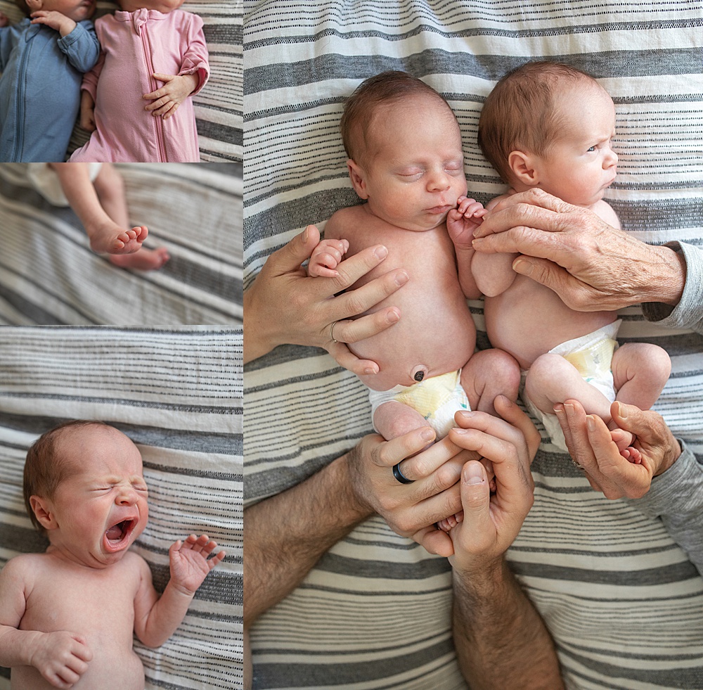 calm newborn twin babies in diaper