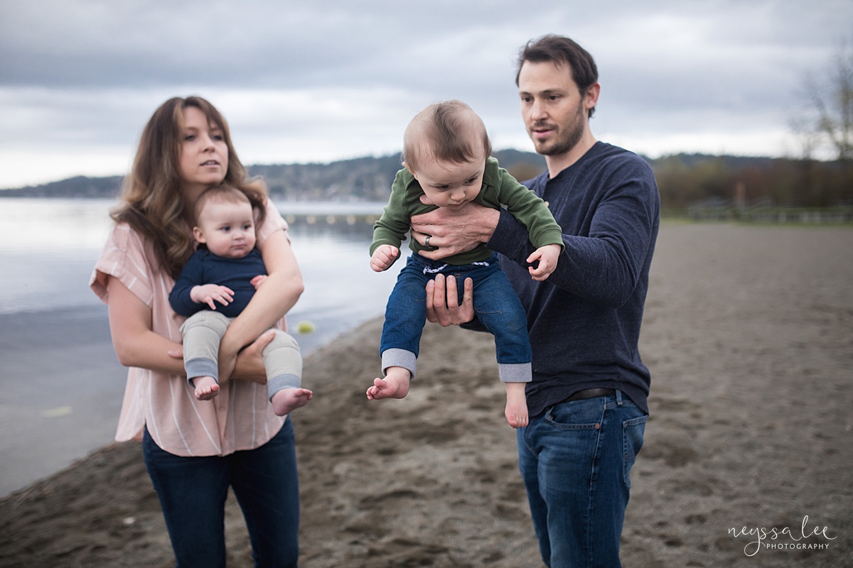 Twin babies by Lake Sammamish during family photo session