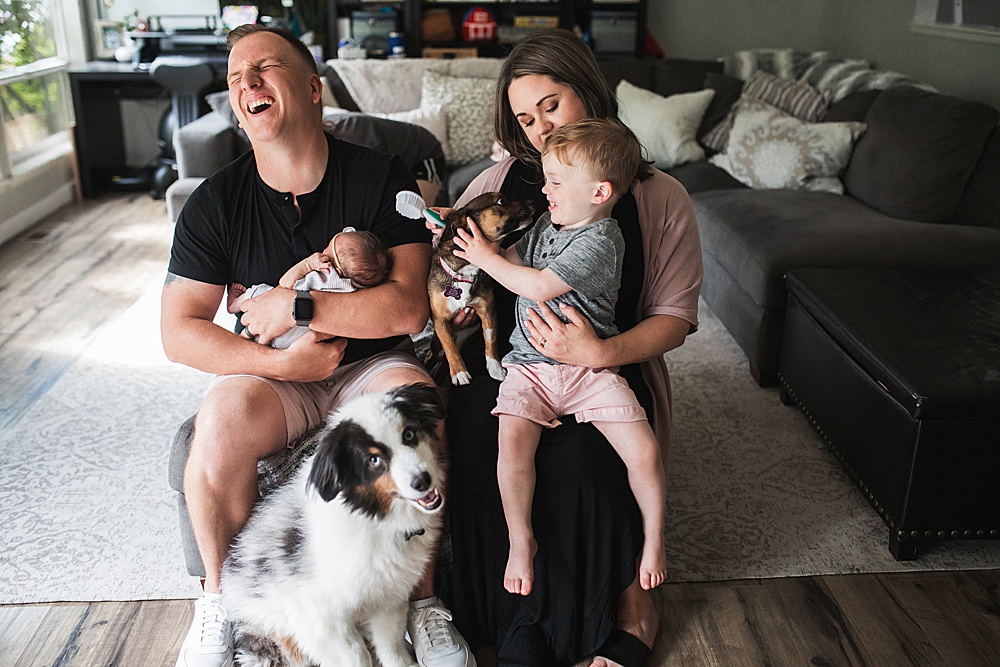 dog in newborn photos, Seattle newborn photographer,  family with dogs and newborn baby