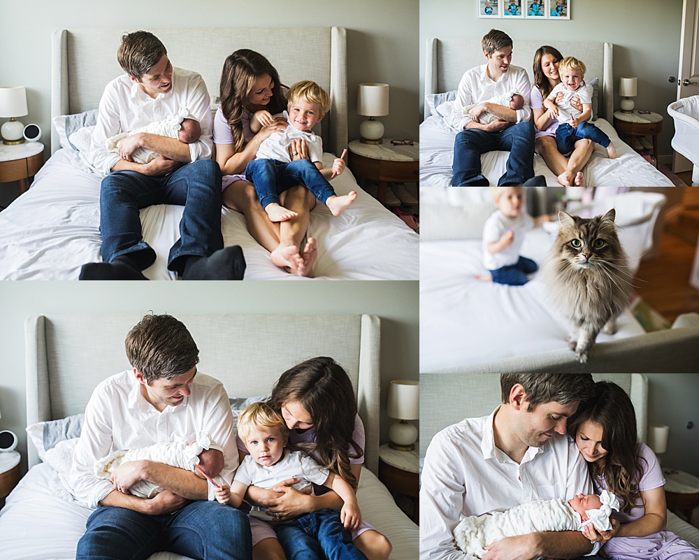 several photos of family of four loving on newborn baby, no newborn photography props