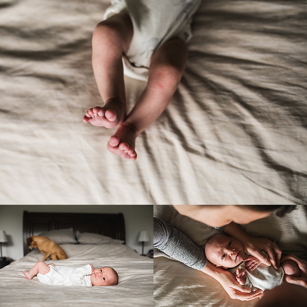 collage of newborn baby on master bed