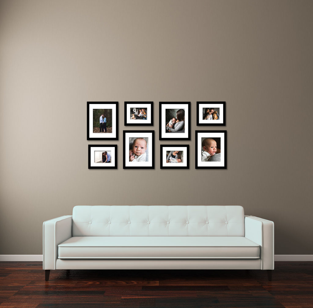 Gallery of framed prints above couch 