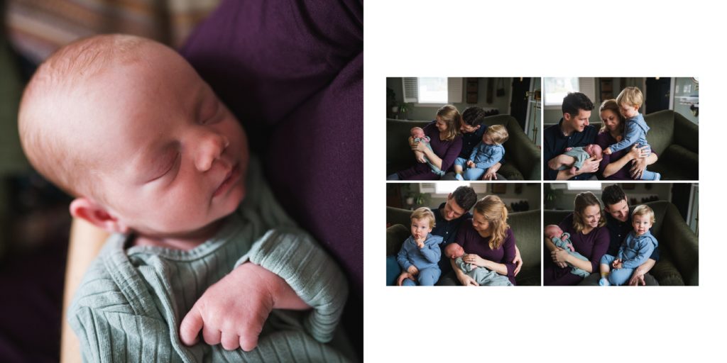 Baby's photo album spread of baby with family during Seattle newborn photography session