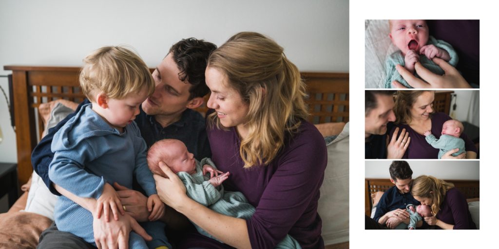Baby's photo album spread of family with newborn baby during Seattle photo session