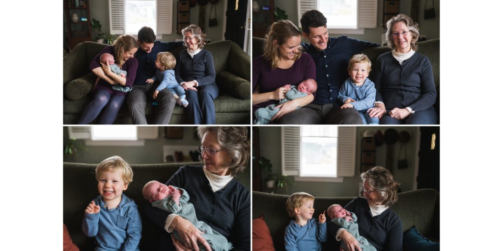 Four photos featuring grandma with grandkids during Seattle area newborn session