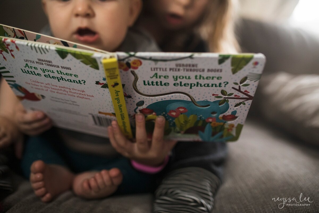 Baby and big sister read  "Are you there little elephant?" one of their favorite baby books.
