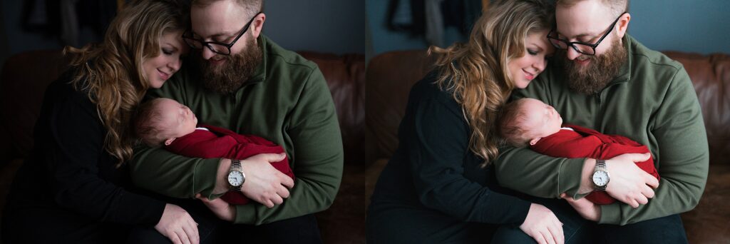 Side by side photos of family holding newborn. Left is straight out of camera, right is edited version by Seattle photographer