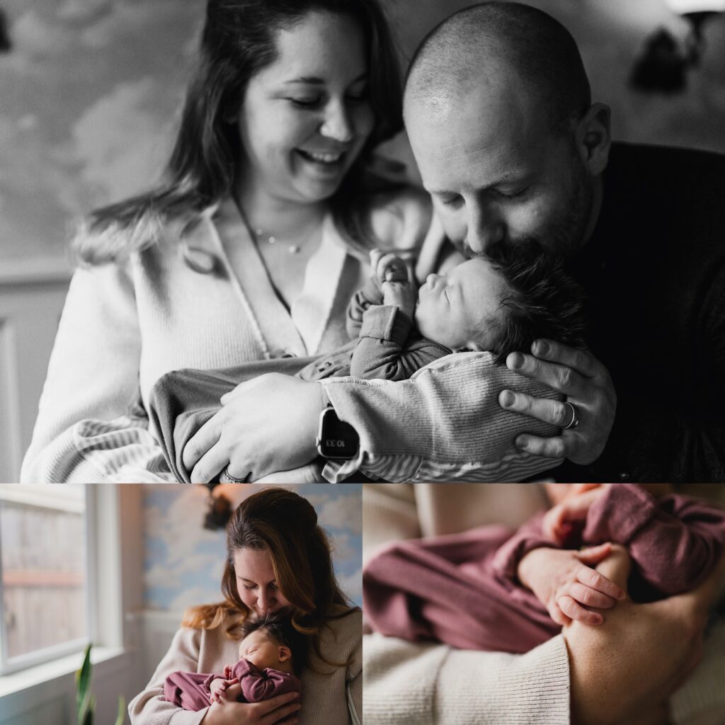Three photos showing family with newborn baby girl in nursery during Seattle portrait session not a newborn photography studio
