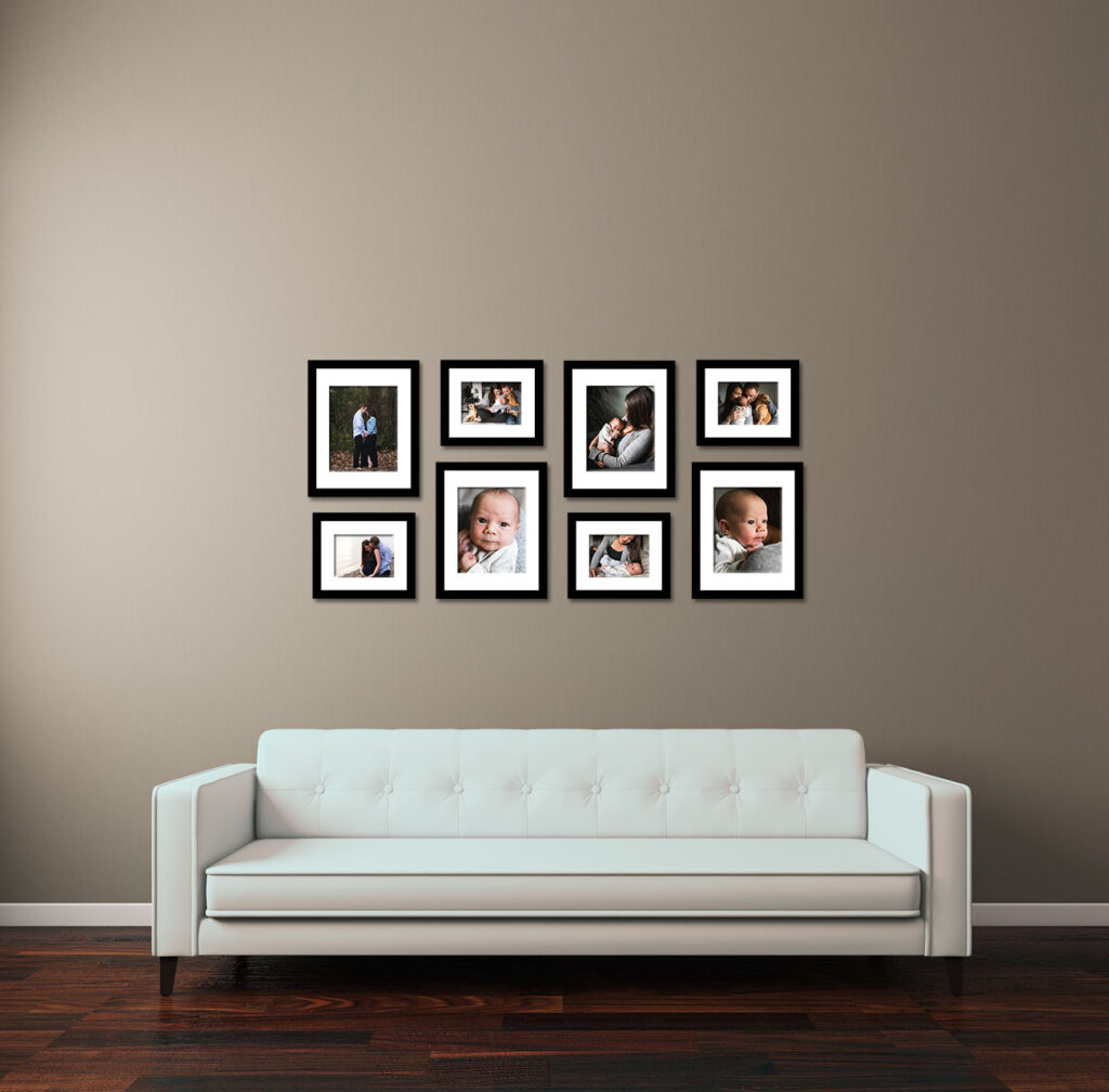 personalized photo display of frames of different sizes for newborn photos