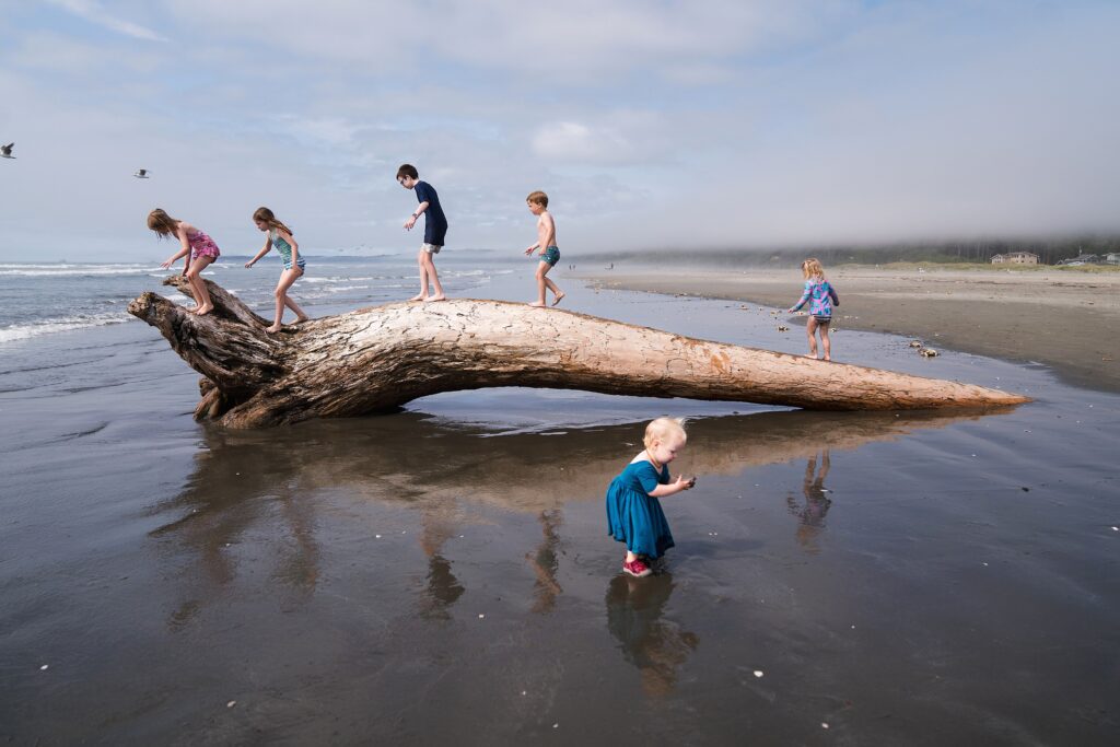 Kids climbing driftwood at Mocrocks beach on Washington Coast
