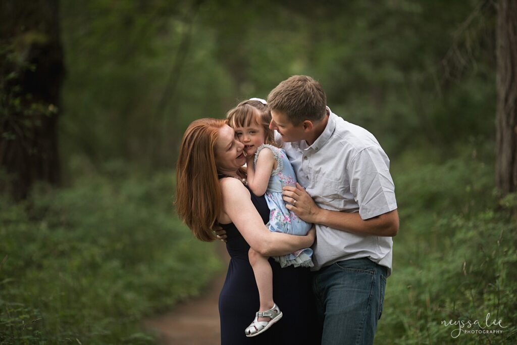 Maternity photos in summer of mother, little girl and father in North Bend, Wa