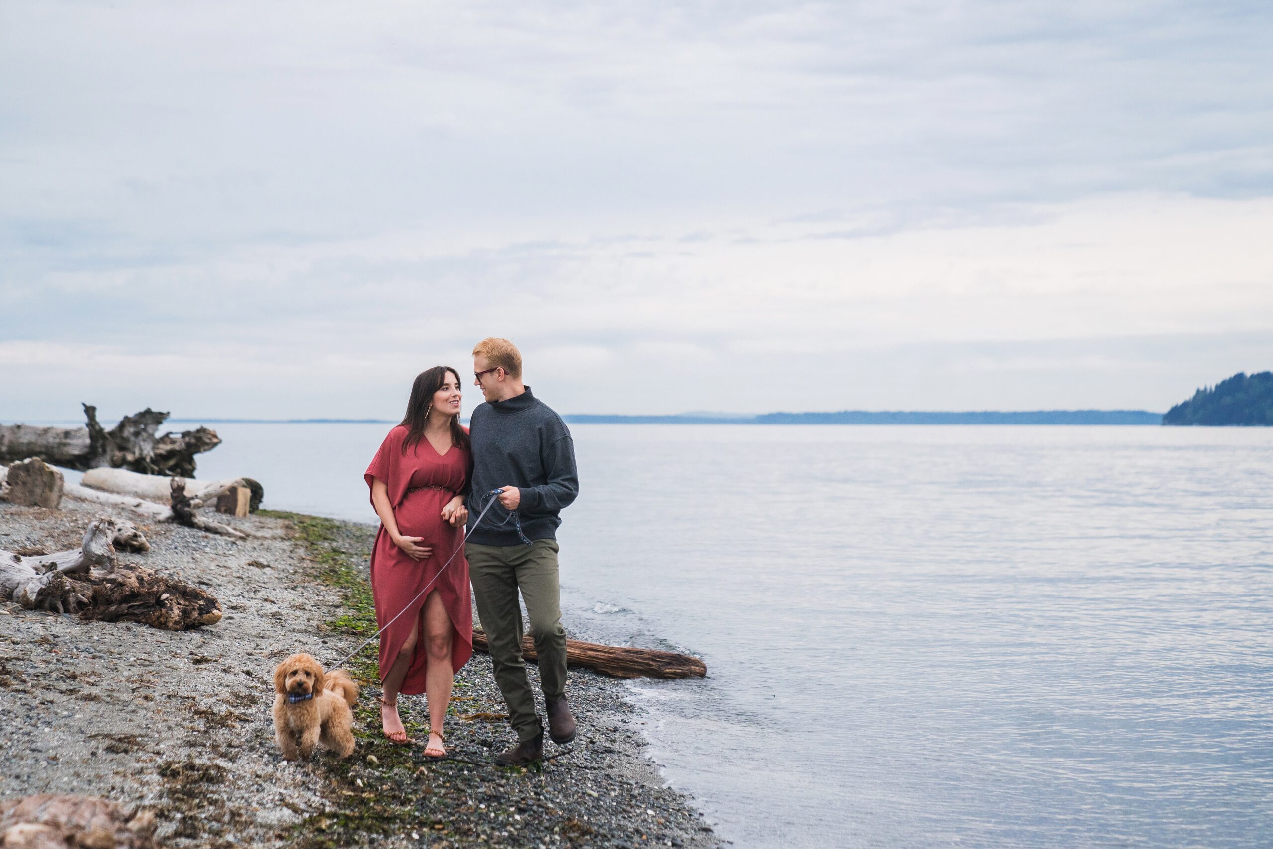 Seattle beach maternity photoshoot with goldendoodle