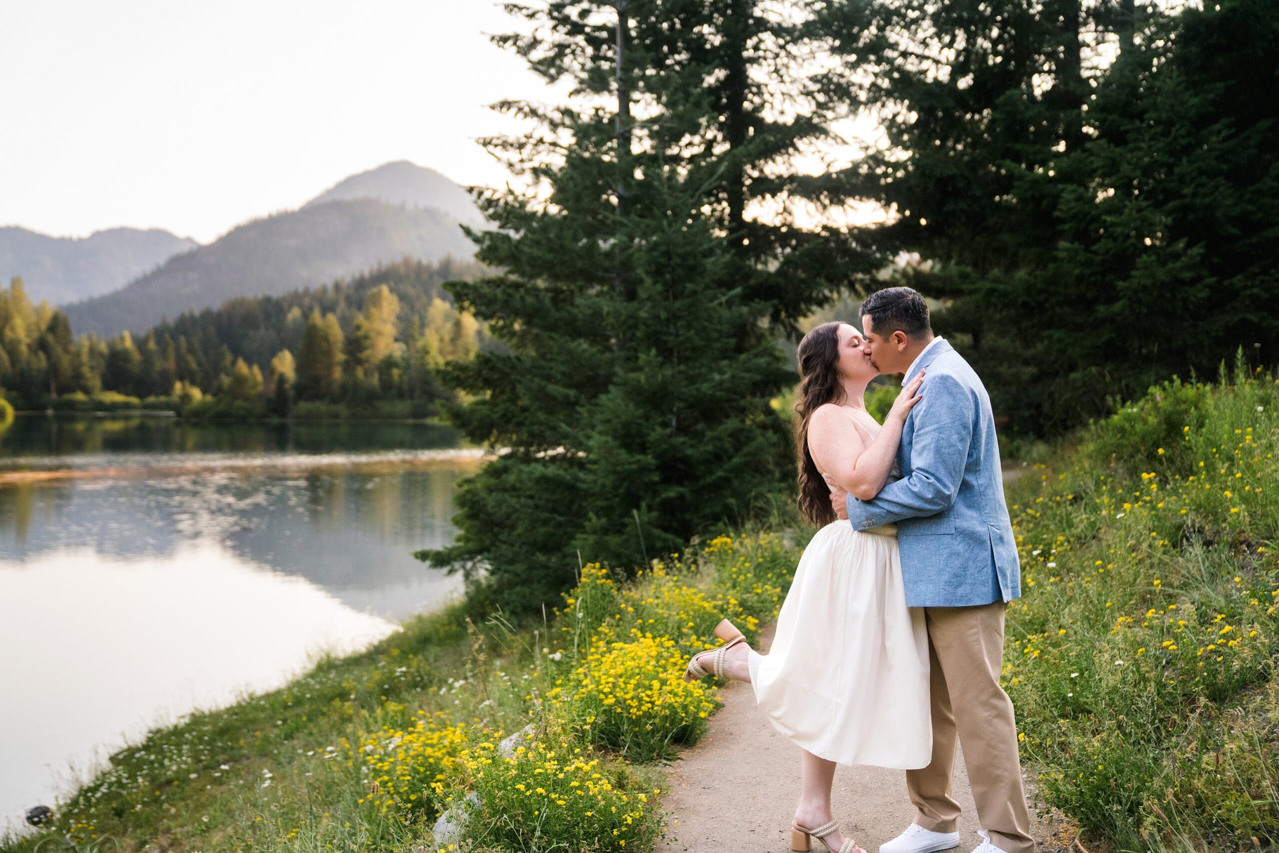 Engagement photo of a couple at Gold Creek Pond, Fine Art Print option