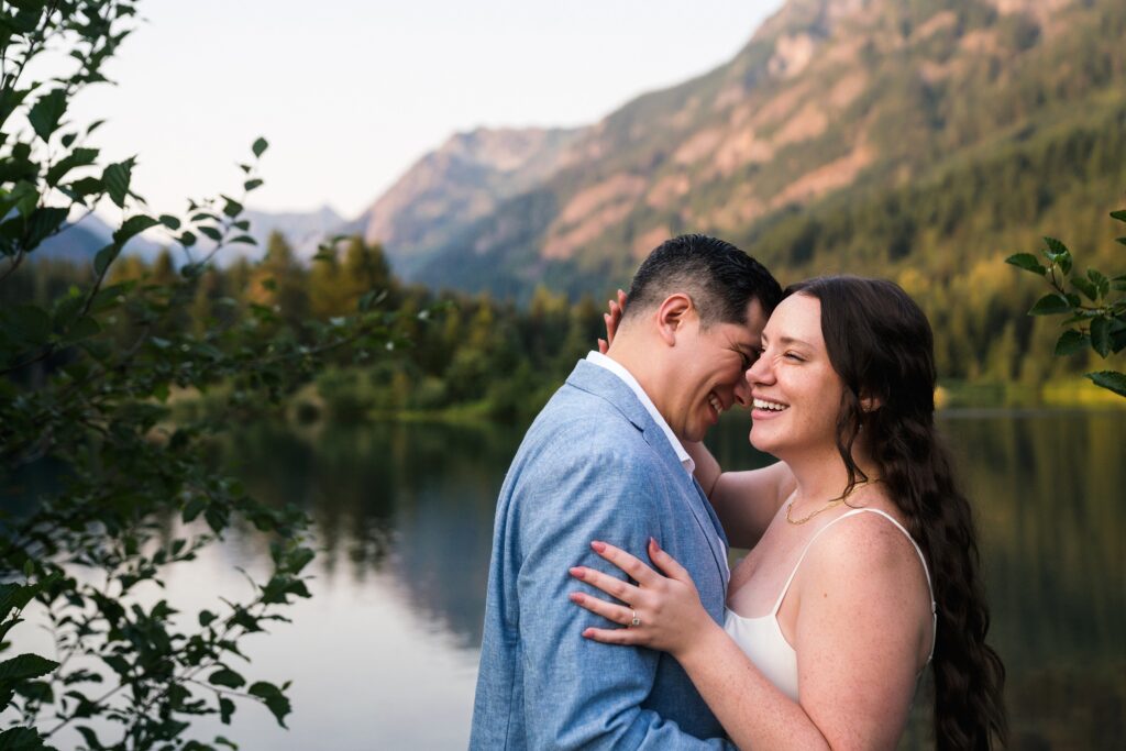 Couple at Gold Creek Pond for family photos