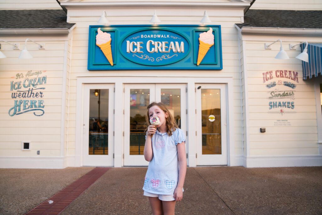 Disney's Boardwalk Ice Cream Shop, photos of a girl enjoying ice cream cone