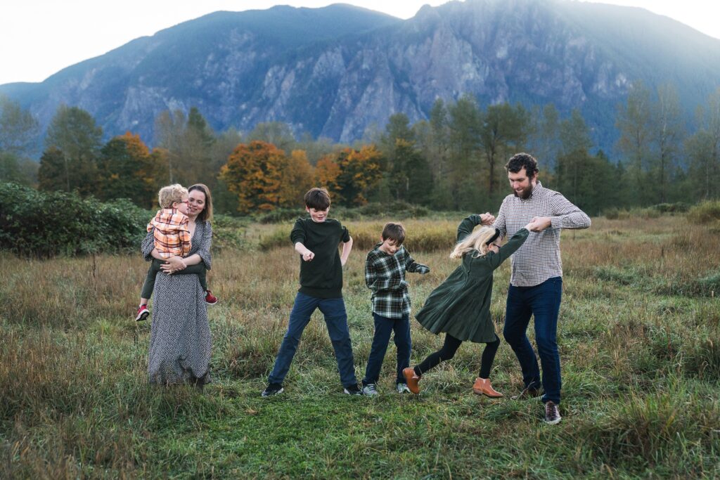 Fall family photo in front of Mount Si, Snoqualmie Valley